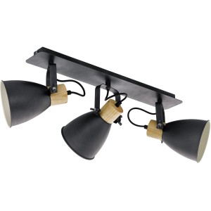 Eglo Coswarth Spot 3er, anthrazitfarbene Deckenleuchte mit Holzdetails und drei Strahlern.