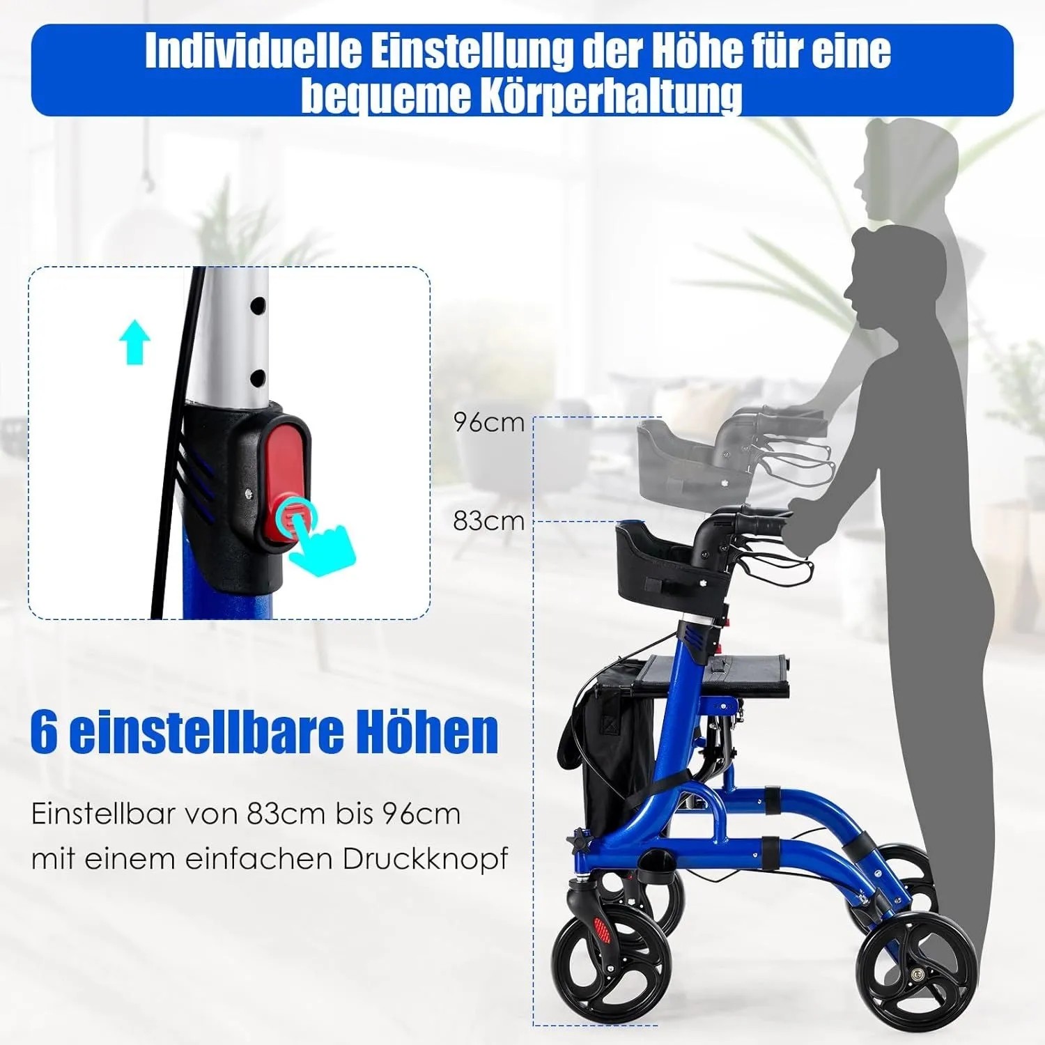 Costway Rollator Faltbar und Leicht 2-In-1 Ruhestuhl & Reiserollator Blau_6