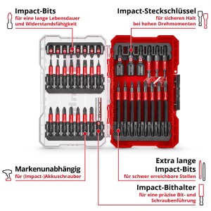 Einhell Impact Bit-Set, 38-teilig im M-Case: Schraubenzieher-Bits und Steckschlüssel übersichtlich sortiert.