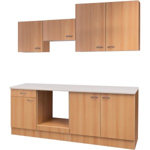 Flex-Well Küchenzeile 210 cm in Buche-Optik mit Ober- und Unterschränken.