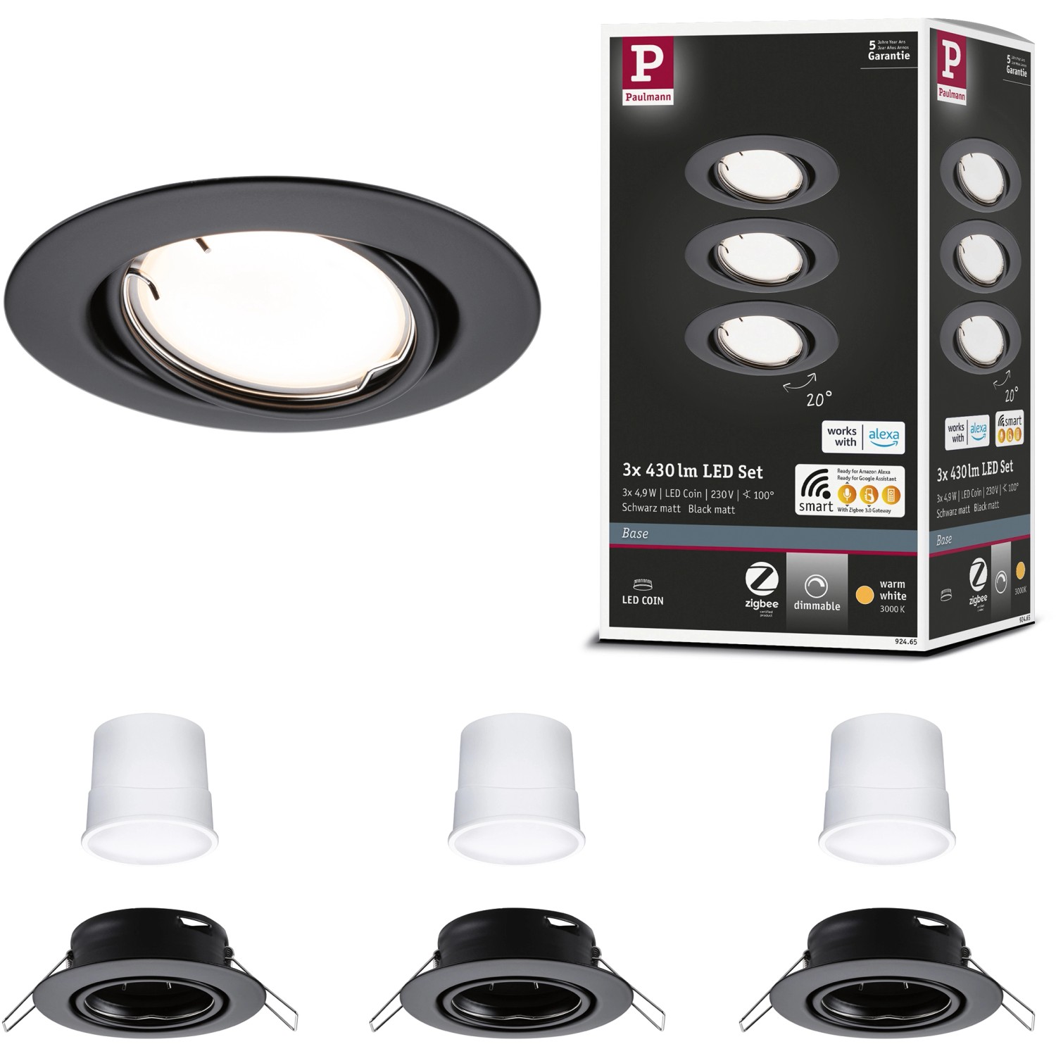 Paulmann LED-Einbaustrahler Set, Smart Home Zigbee, rund, 90mm, 430lm, dimmbar, schwarz matt.