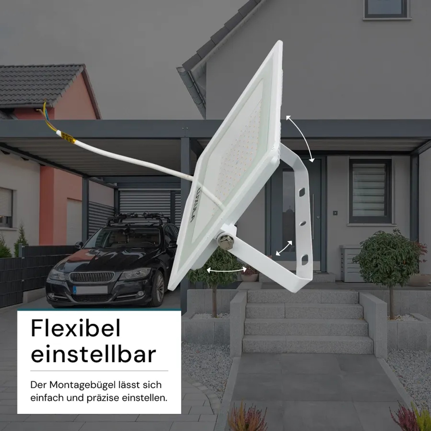 Weißer LUXULA LED Strahler 100W mit flexiblem Haltebügel zur Montage im Außenbereich.