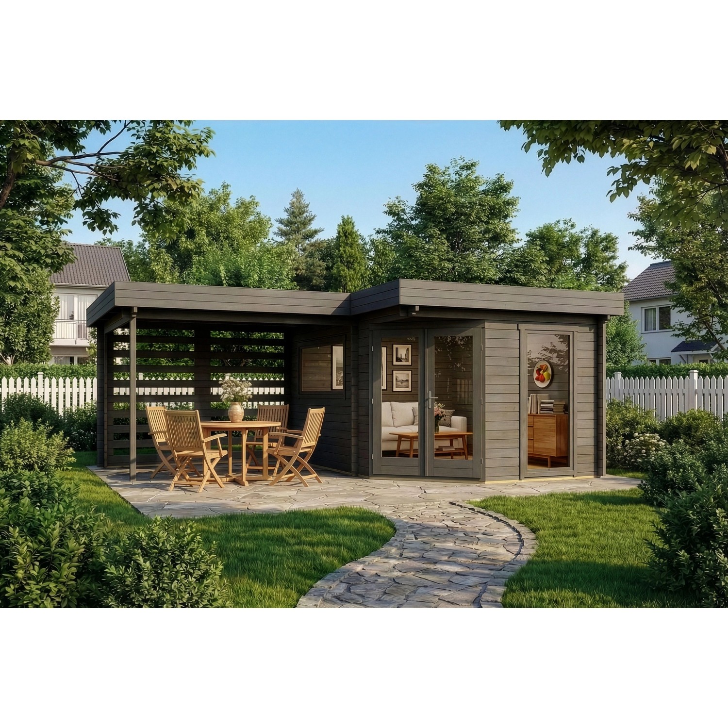 Alpholz 5-Eck Holz-Gartenhaus Pepe Optima 618x462cm Imprägniert Grau 34mm Wandstärke