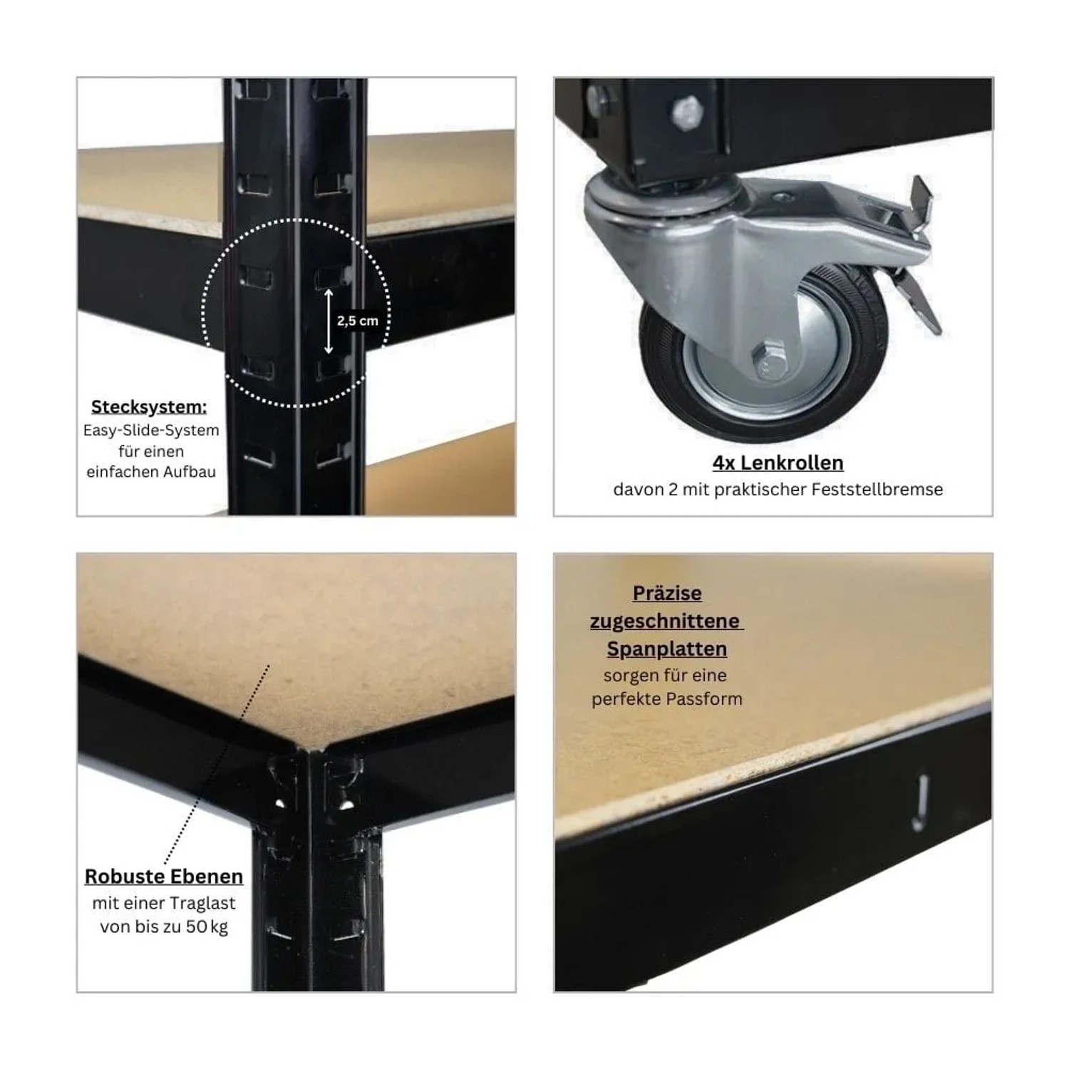Details Kommissionierwagen BÜFFEL: Stecksystem, Lenkrolle mit Bremse, Spanplatte, robuste Ebene.