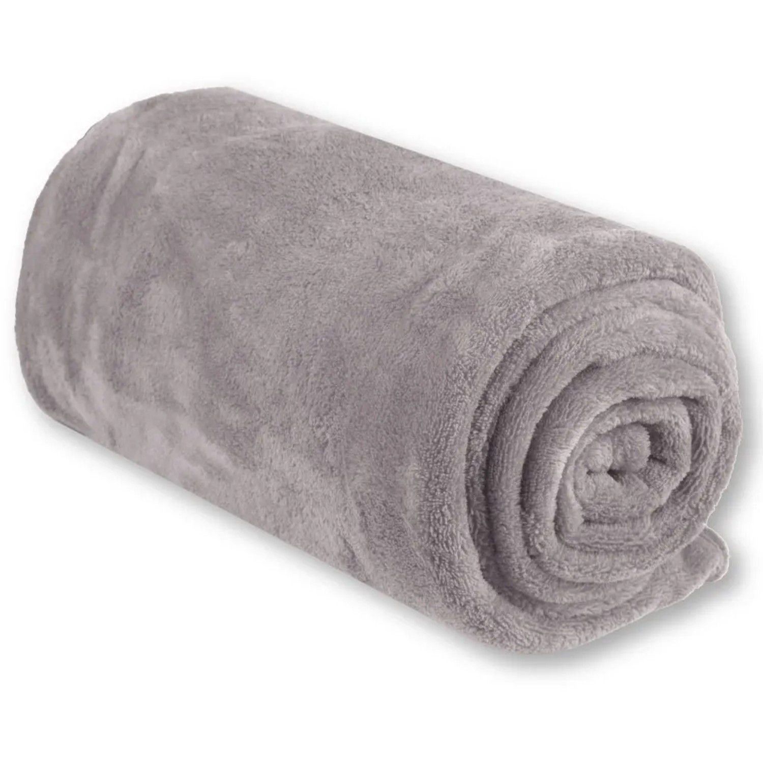 Gerollte, hellgraue Bestgoodies Mikrofaser Decke 220x240 cm. Kuschelige Wohndecke für Sofa oder Bett.