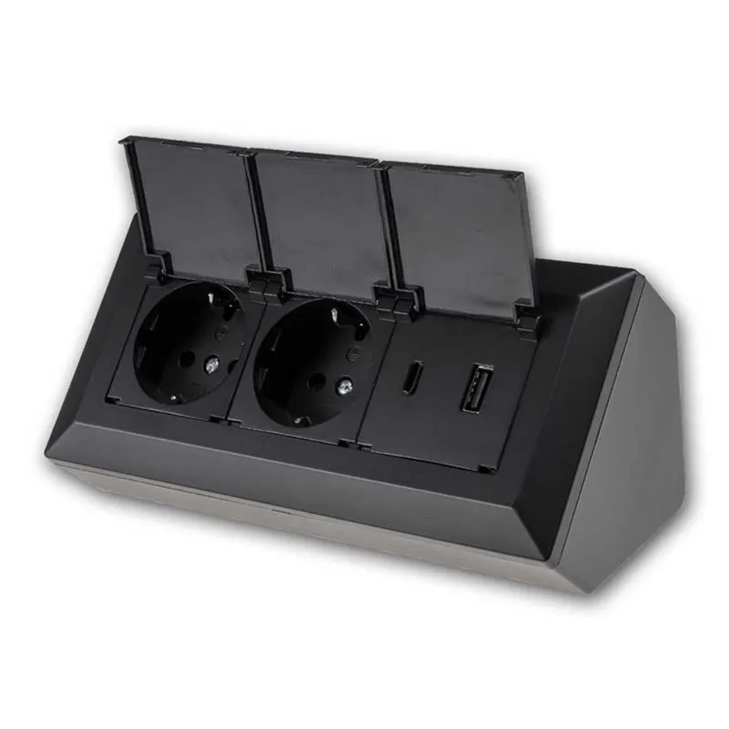 ChiliTec 2-Fach Steckdosenblock USB A&C Schwarz mit Klappen