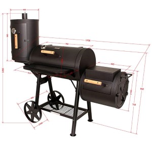 Schwarzer Taino Yuma Pro Smoker Grillwagen mit Vertikalbox und Maßangaben.
