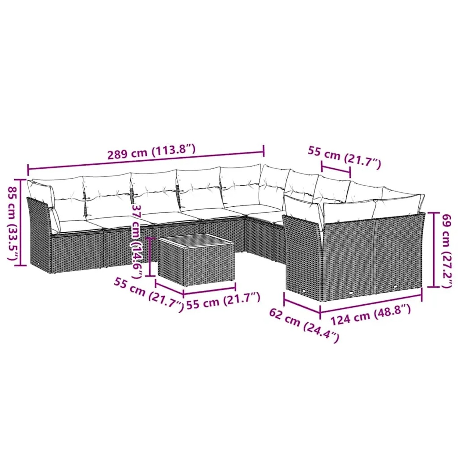 Graue 11-tlg. vidaXL Garten-Sofagarnitur aus Polyrattan mit Kissen und Tisch, Maße eingezeichnet.