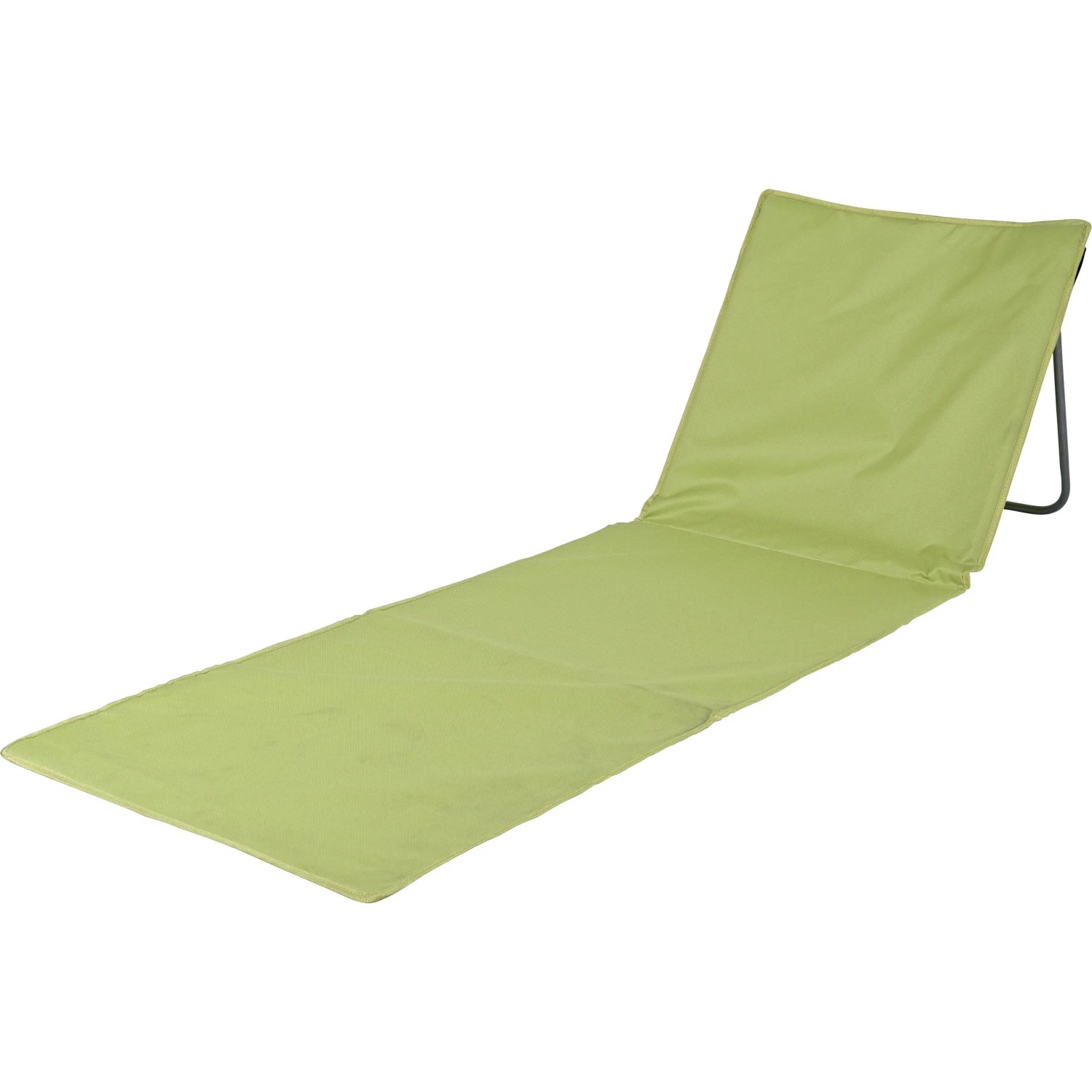 Verstellbare Strandmatte in Grün, Camping Zubehör mit Rückenlehne und weißem Rahmen.