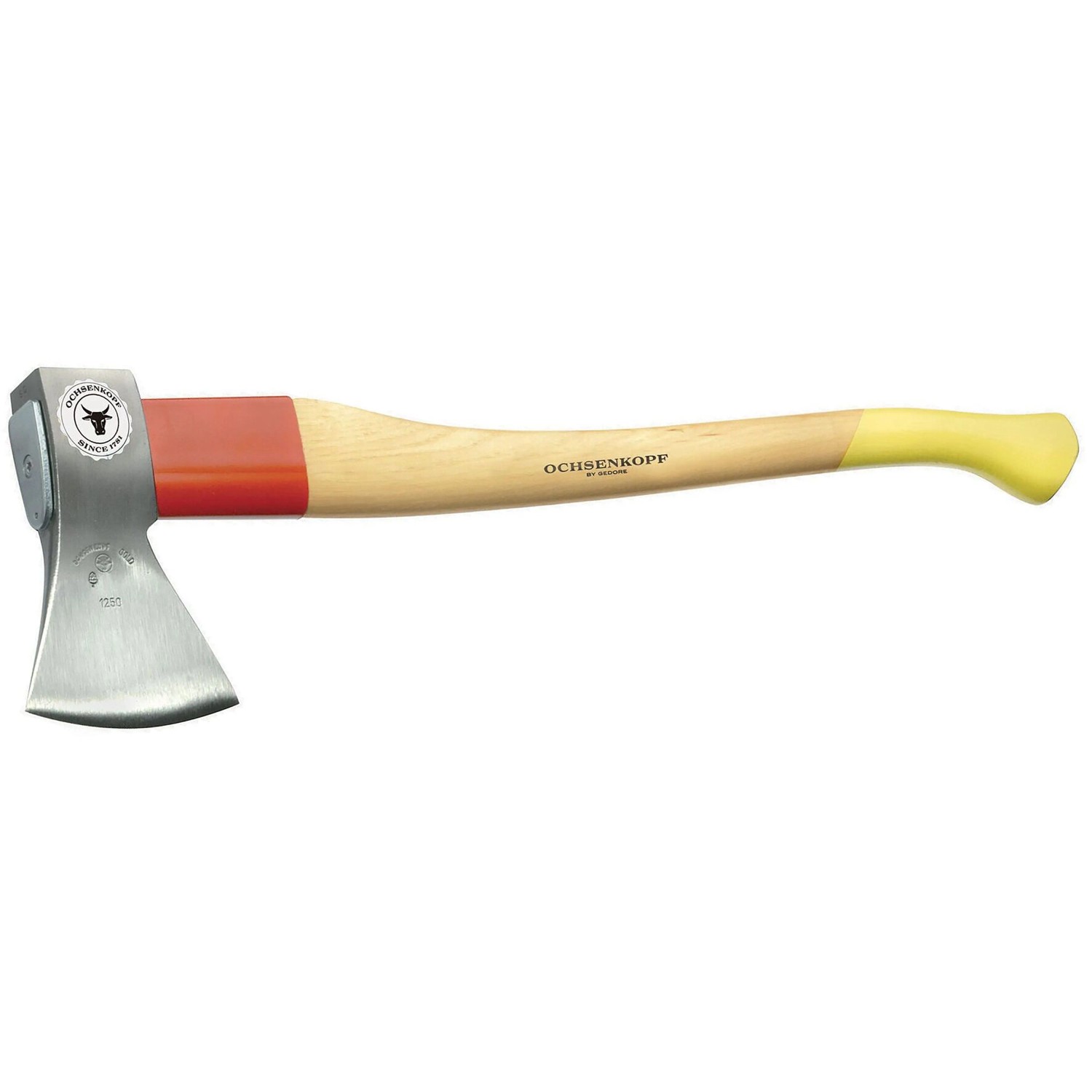 Ochsenkopf Forstaxt Universal Gold, 1,25 kg, mit Hickory-Stiel und Stahl-Stielschutzhülse.