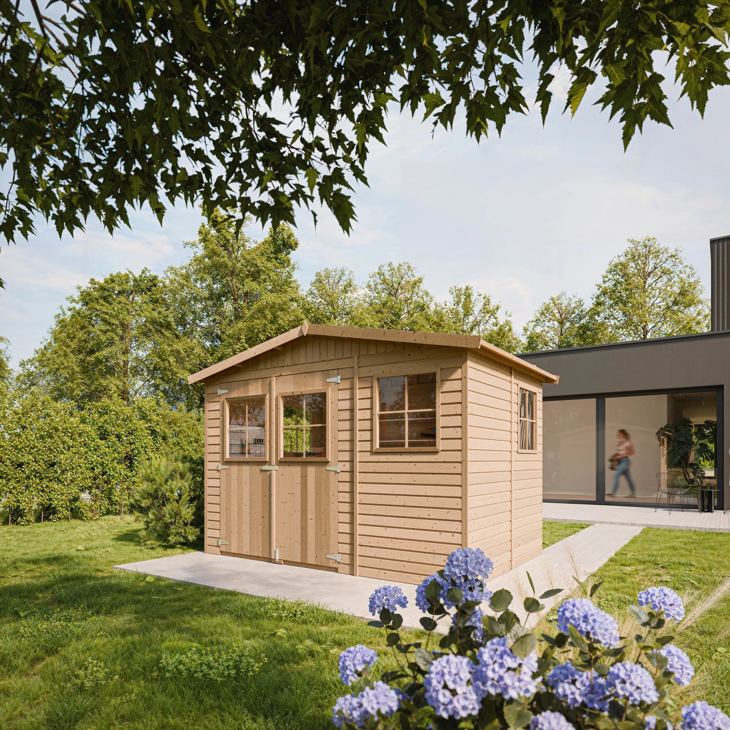 Timbela Holz Gartenhaus M334 mit Fenstern im Garten, naturbelassenes Holz.