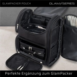Offene schwarze GlamPacker Tasche mit Glamseries Pouch Inlay, transparentem Deckel und Fächern für Kosmetik.