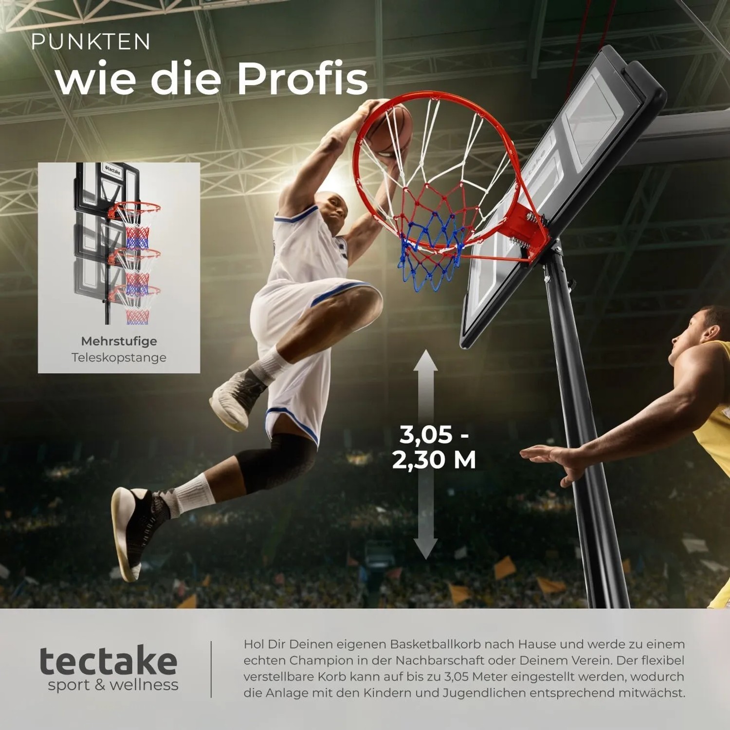 Freistehender Tectake Basketballkorb Dirk Outdoor, höhenverstellbar von 230 bis 305 cm.