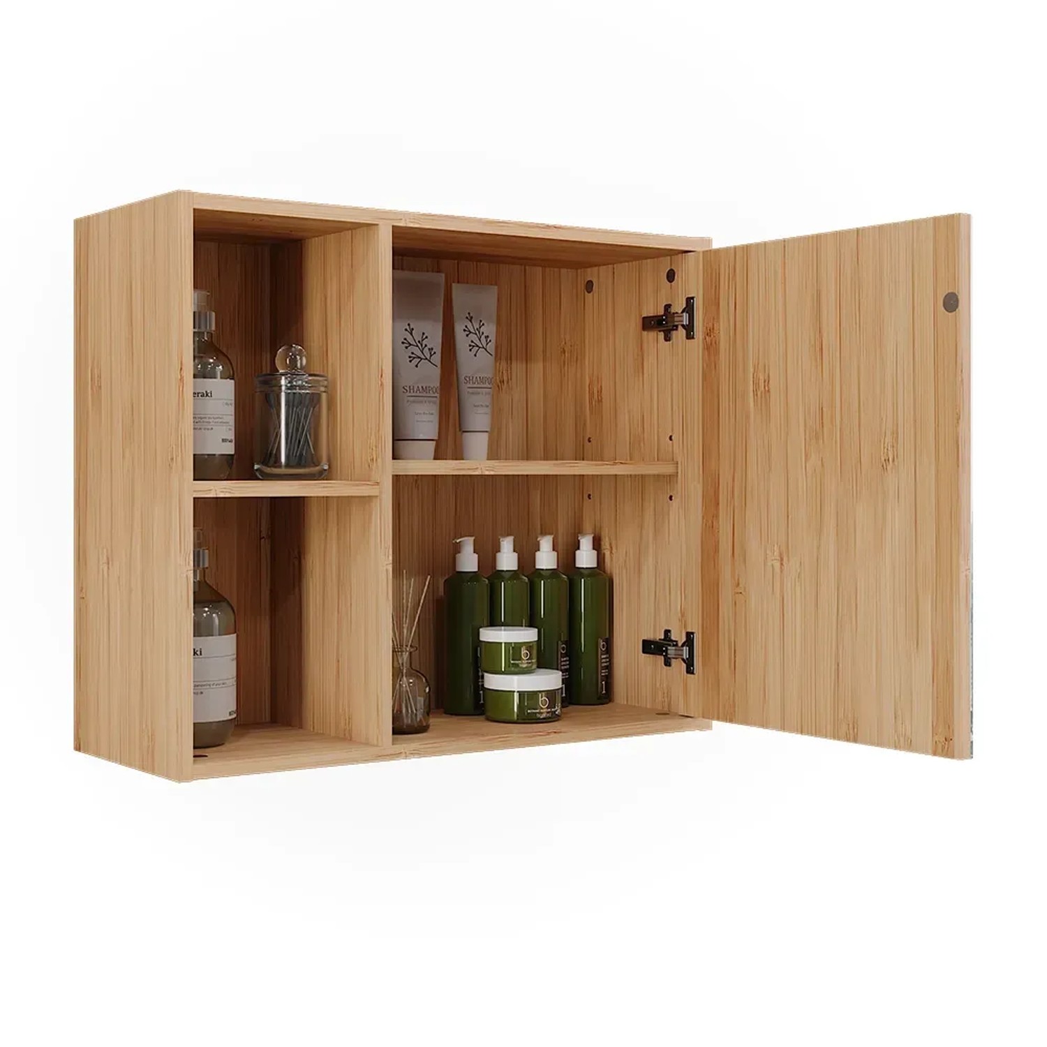 Offener Badspiegelschrank Lucie aus Bambus, 54x45 cm, mit Fächern und Pflegeprodukten.