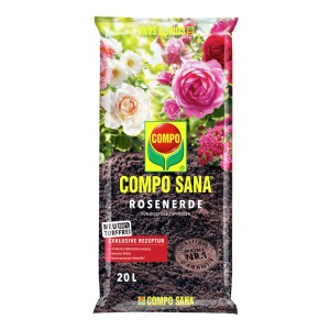 Compo Sana Rosenerde torffrei 20 L. Dunkle Erde im Beutel mit bunten Rosen für kräftige Pflanzen.