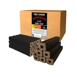PINI Kay Eichenholzbriketts 30 kg, 23 cm lang, viereckig mit Zugloch. Hartholz Brennstoff für Kamin, Ofen, Grill.