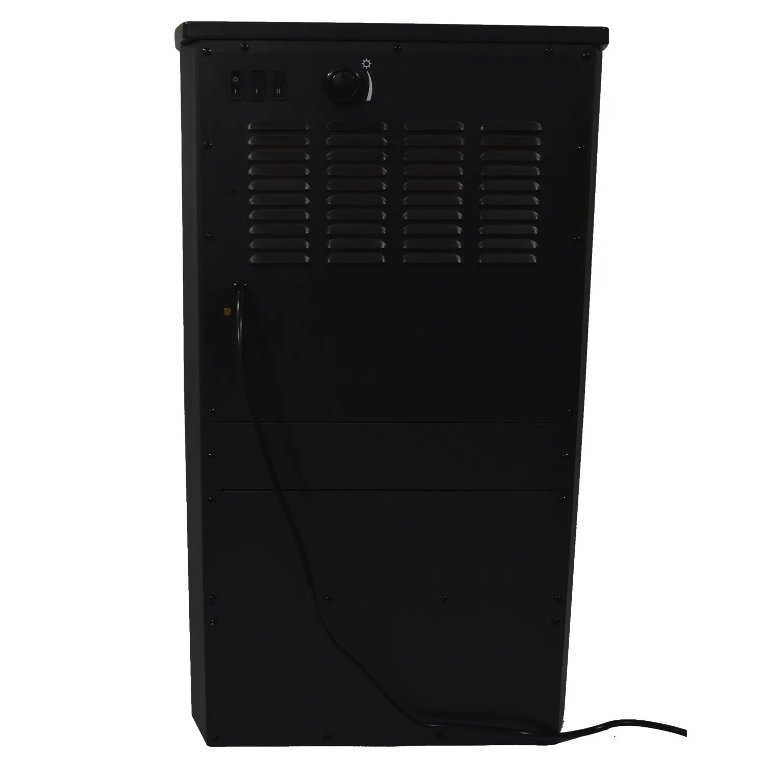 Rückansicht des schwarzen TroniTechnik Elektrokamins mit Bedienelementen und Lüftungsgitter.