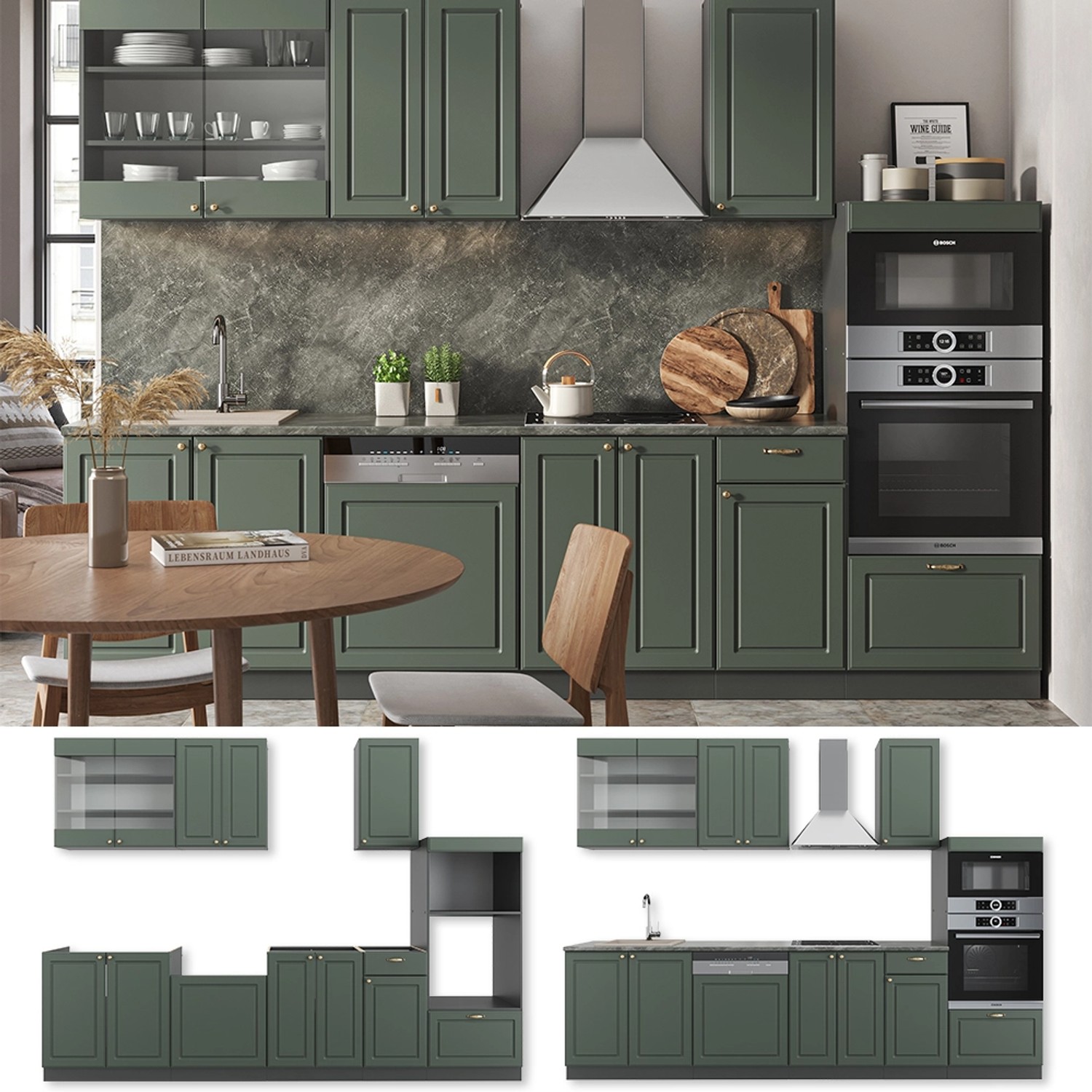 Vicco Küchenzeile Fame-Line, 300 cm, Grün-Gold/Anthrazit mit Eiche Arbeitsplatte.