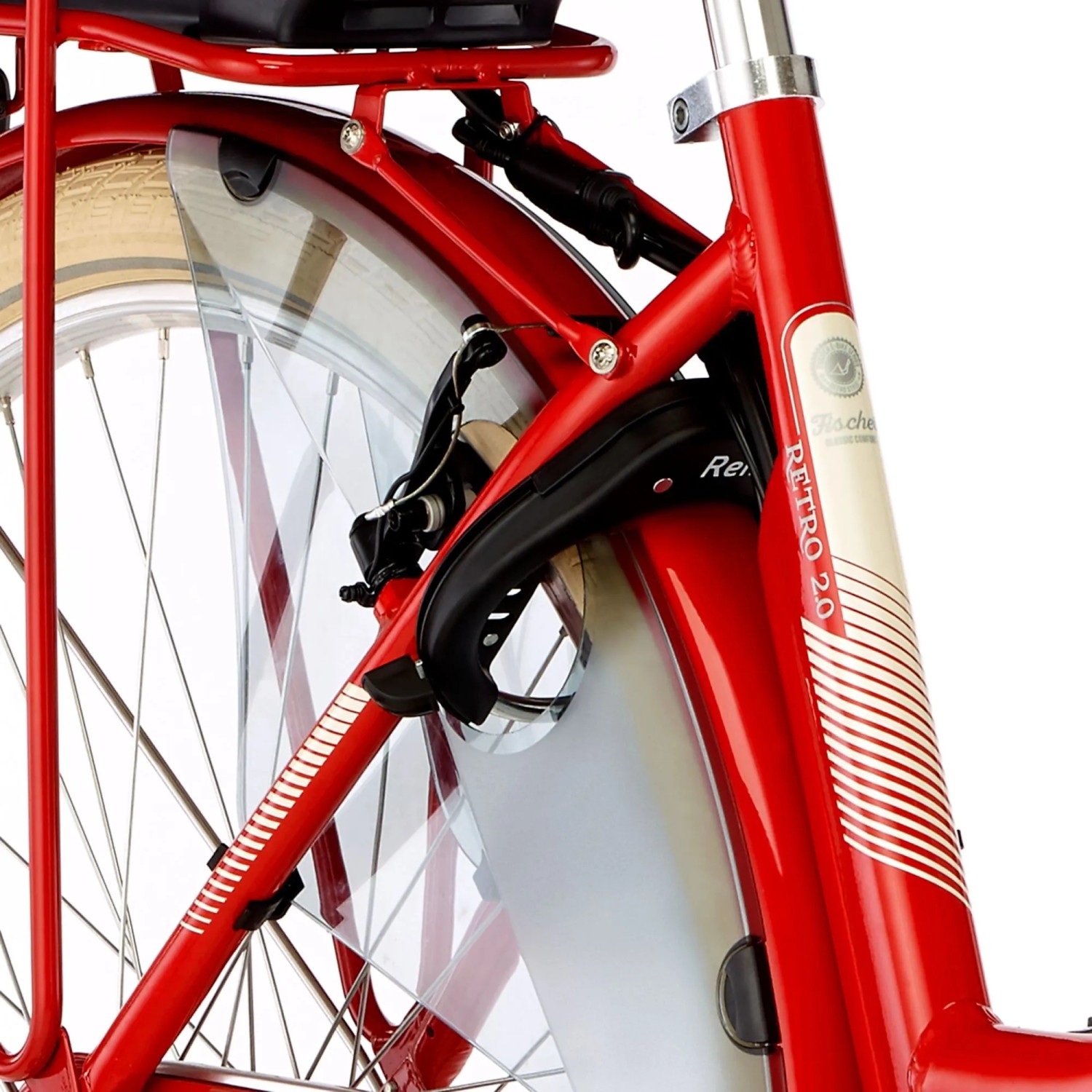 Detailansicht: Rotes Fischer Hollandrad E-Bike Cita Retro 2.0 mit Rahmenschloss und Schutzblech.