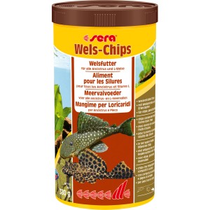 Sera Wels-Chips Nature Fischfutter für Welse, 1000ml Dose mit Wels-Illustration.