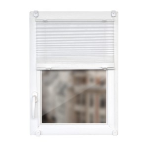 Bestlivings Plissee Faltstore 60x150 cm, weiß, am Fenster mit Klemmbefestigung.
