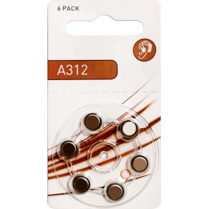 Verpackung Hörgerätebatterien A312, 6 Stück. Knopfzellen für Hörgeräte.