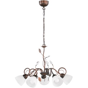 Kronleuchter Traditio Rost antik mit 5 Leuchten und Kristall-Details. Elegante Pendelleuchte für Wohnräume.
