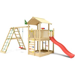 Jungle Gym Spielturm Chateau mit Schaukel, Kletterbock und roter Rutsche aus Holz.