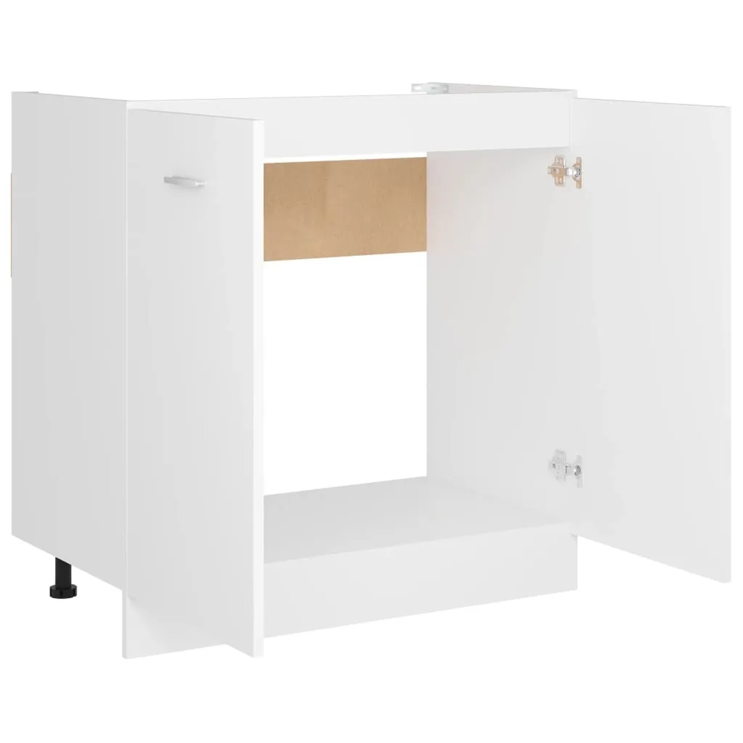 Weißer vidaXL Spülenunterschrank (80x46x81,5 cm) aus Holzwerkstoff mit offenen Türen.