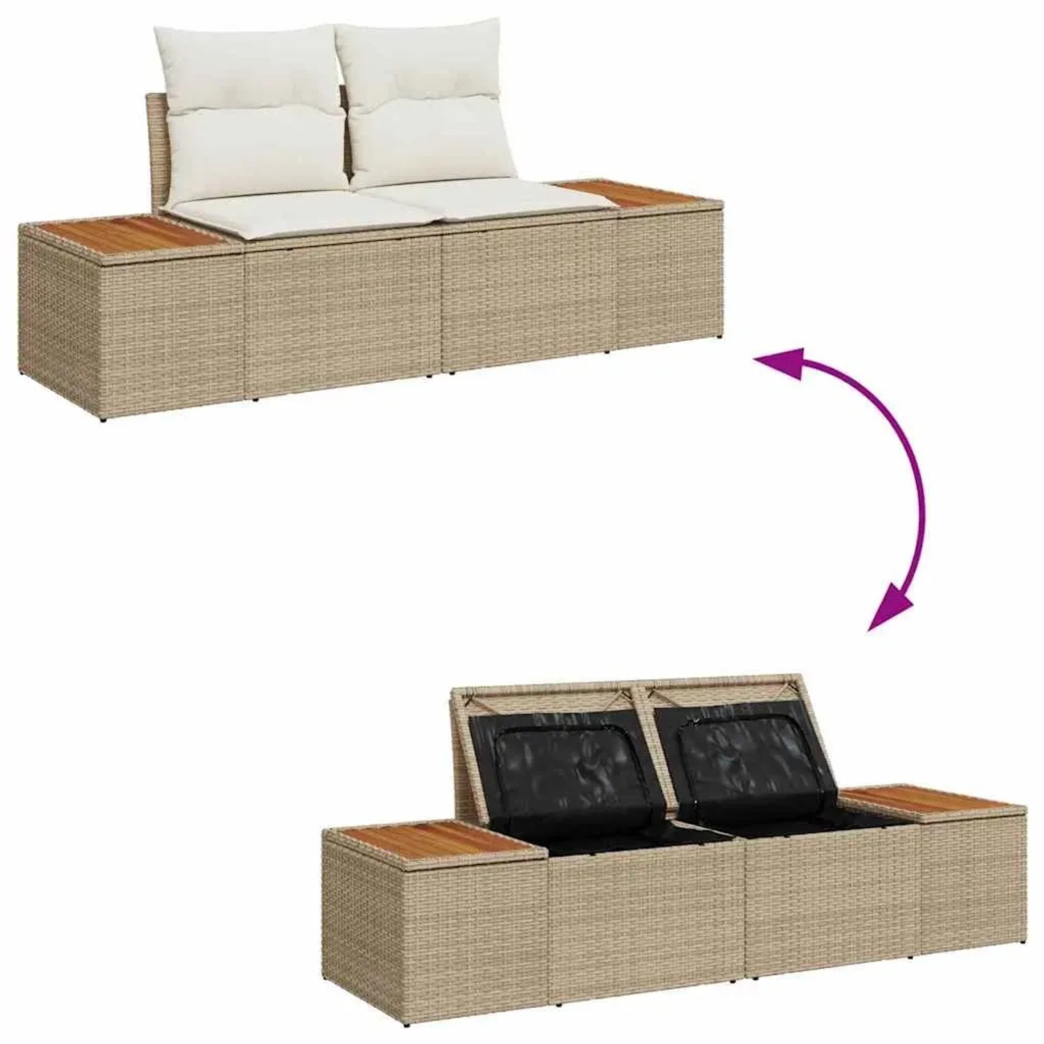 Beiges 6-teiliges vidaXL Garten-Sofa-Set aus Poly Rattan mit Stauraum und höhenverstellbarem Tisch.
