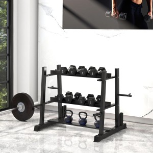 Schwarzer SPORTNOW Hantelständer aus Stahl mit Kurzhanteln, Kettlebells und Langhantel.