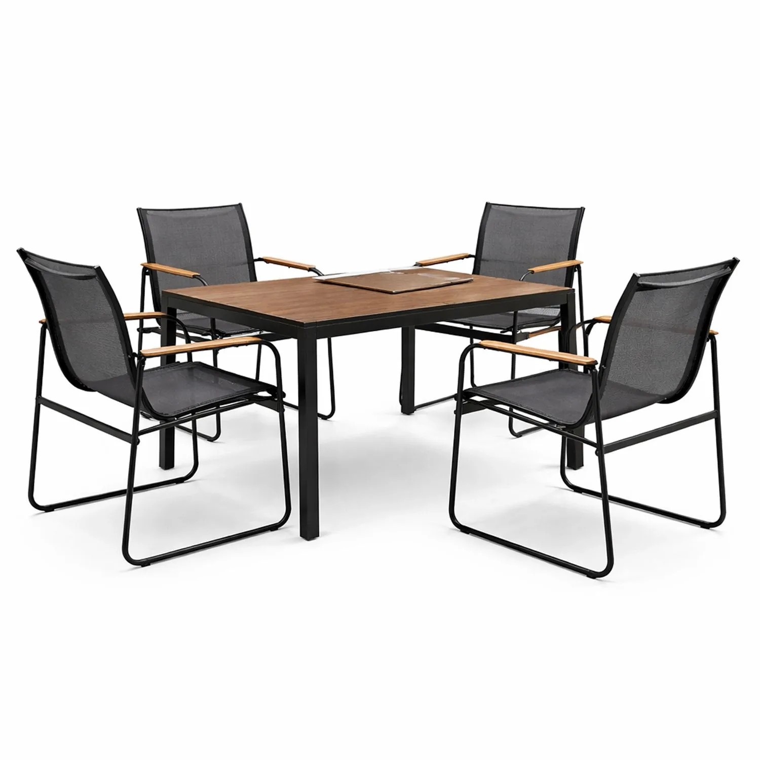 Mojawo 5tlg Outdoormöbel Set Gartenmöbel Gartengarnitur Holzoptik Gartentisch Nonwood 150 x 80cm 4 Sessel Schwarz