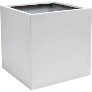 Weißer, quadratischer Vivanno Pflanzkübel Block, 60x60x60 cm, aus Fiberglas.
