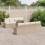 Beiges 9-teiliges vidaXL Garten-Sofa-Set aus Poly Rattan mit Tisch und Auflagen.