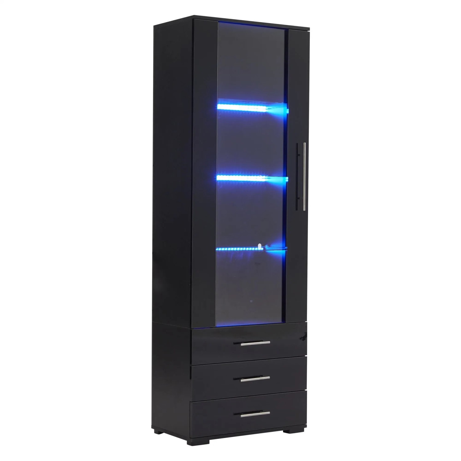 okwish Vitrine mit LED Beleuchtung Schubladen Glasvitrine Wohnzimmer 60x35x180cm Schwarz