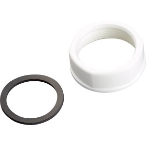 Überwurfmutter und Dichtung für Spültisch-Siphon, 44,8 mm (G 1 1/2), aus PVC.