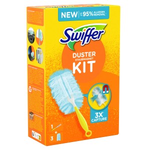 Swiffer Staubmagnet Set mit Staubwedel und 3 Tüchern im gelben Karton.