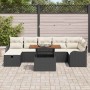 Schwarzes 8-teiliges vidaXL Garten-Sofa-Set aus Poly Rattan mit Tisch und beigen Kissen.