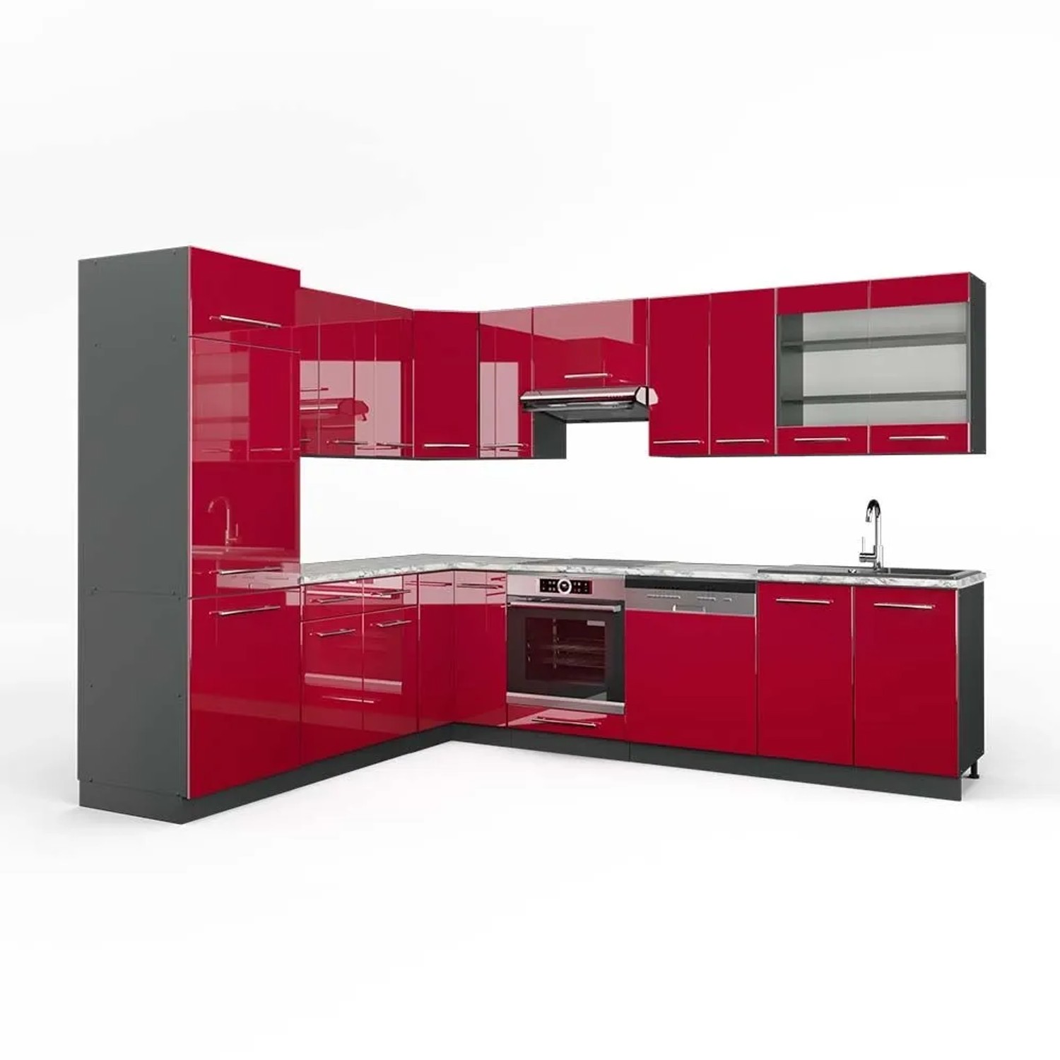 Vicco Eckküche Fame-Line Bordeaux Hochglanz/Anthrazit 287 x 82, AP Marmor