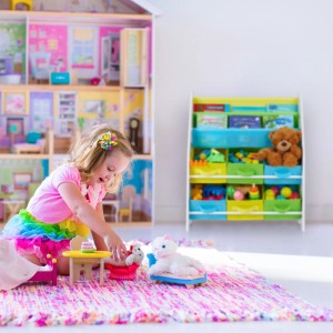 Relaxdays Kinderregal Spanplatte Stoff Metall Bunt Mit 6 Boxen und 2 Hängefächern 74 cm x 62 cm x 31,5 cm 5 kg