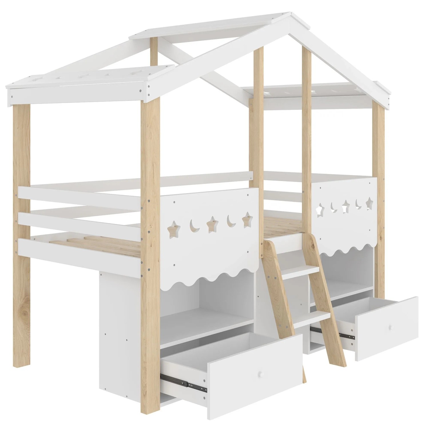 okwish Halbhohes Bett 90x200cm mit Hausform und LED Leiste Weiß Natur ohne Matratze