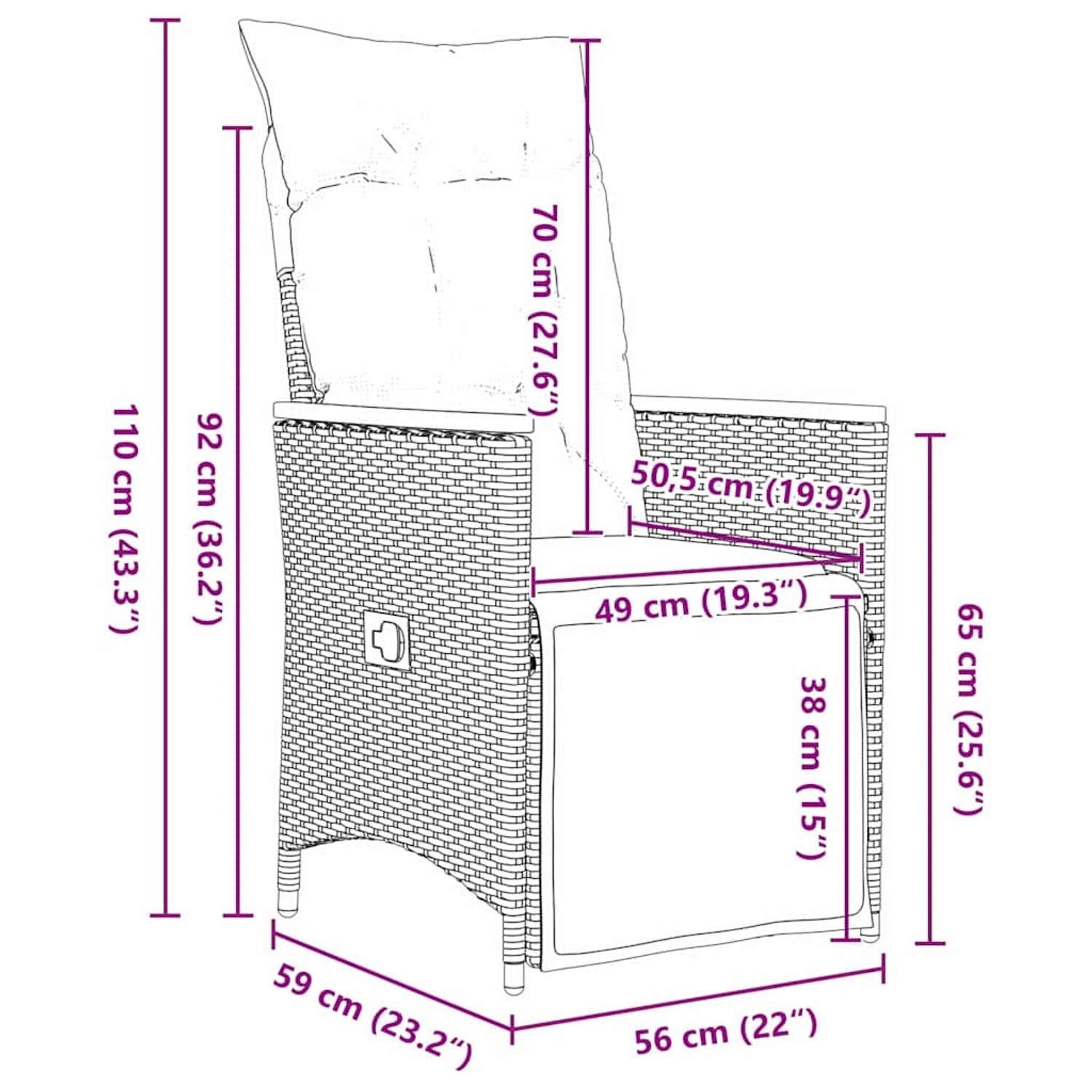 Skizze eines grauen vidaXL Gartenstuhls aus Polyrattan mit Maßen, Teil der 5-tlg. Essgruppe.