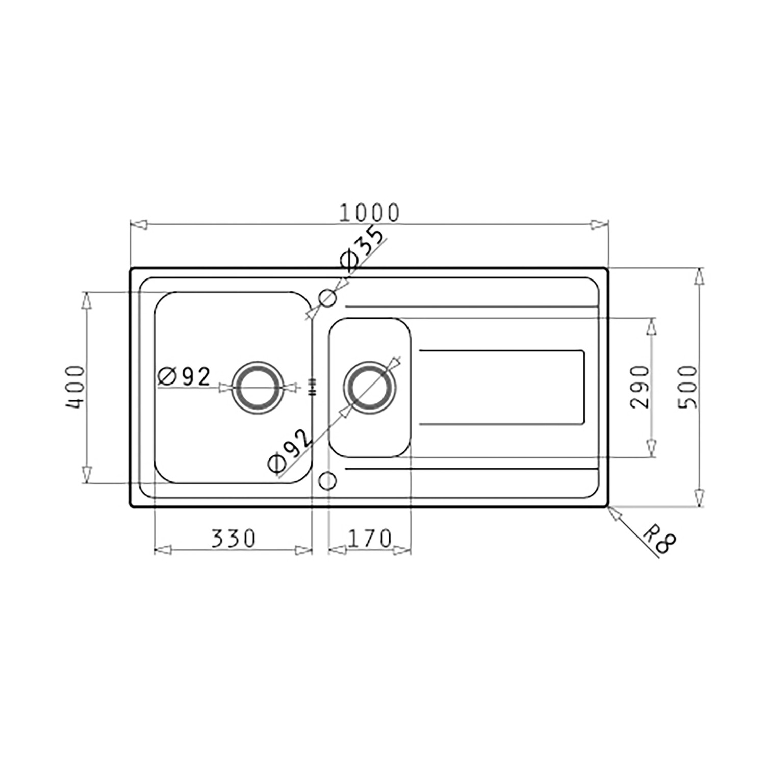 Technische Zeichnung: Pyramis Einbauspüle Alea 11/2B 1D, 100x50cm, Edelstahlspüle mit Beckenmaßen.