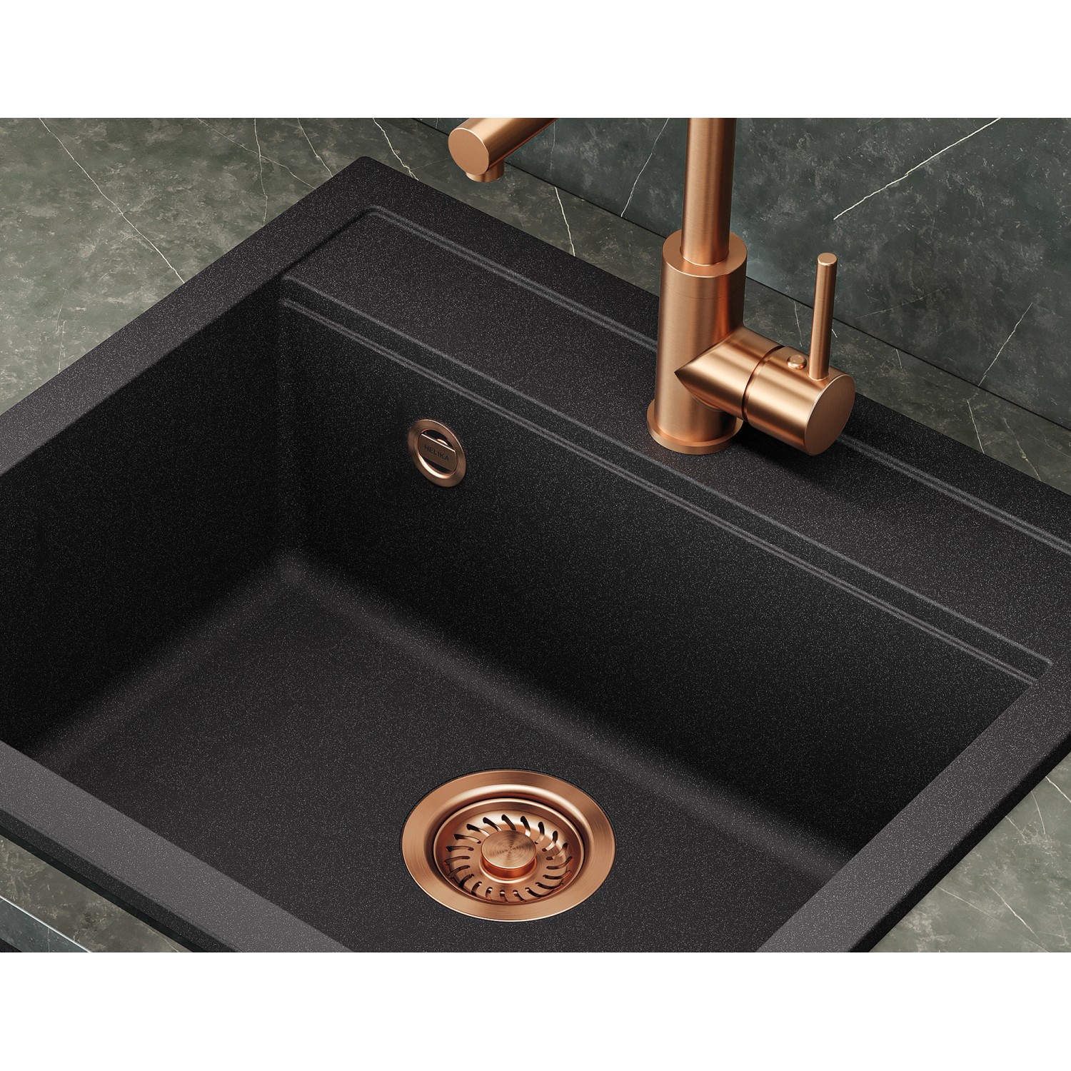 Helika Einbauspüle Quadro 56 cm x 51 cm Schwarz inkl. Kupferventil_5