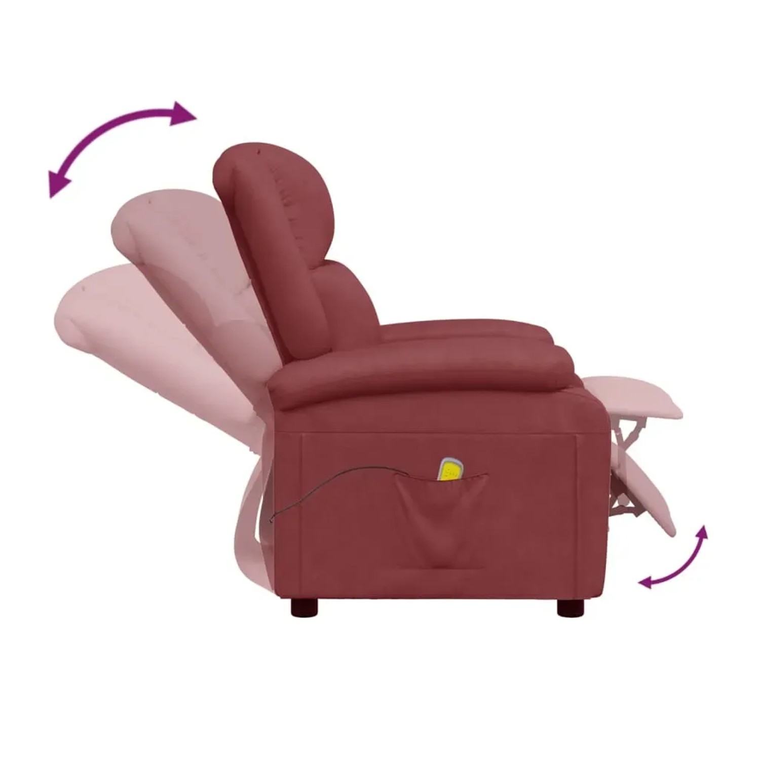 Weinroter Massagesessel aus Kunstleder mit verstellbarer Rückenlehne und Fußstütze.