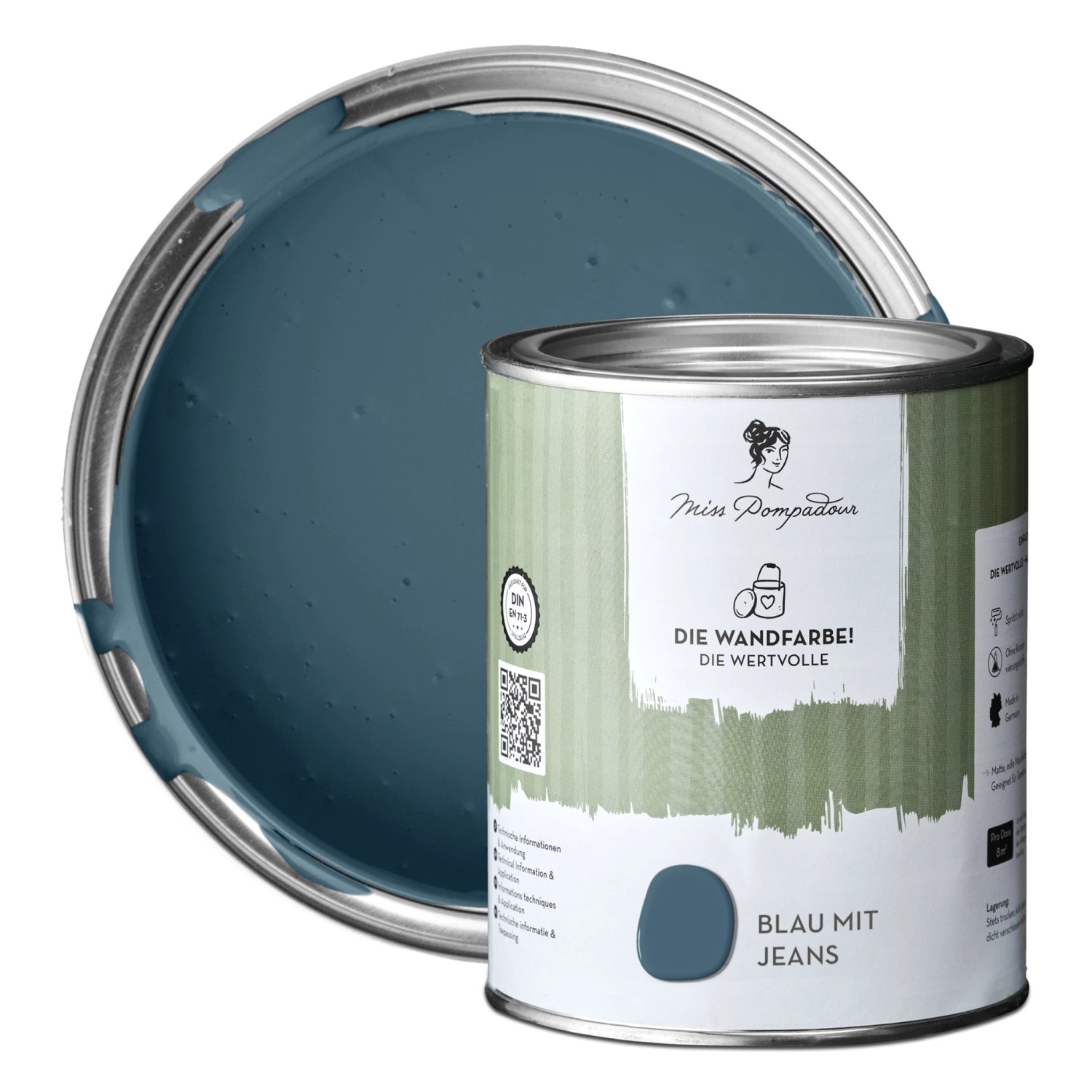 MissPompadour Extramatte Wandfarbe Blau mit Jeans 1L Hochdeckend Spritzfrei