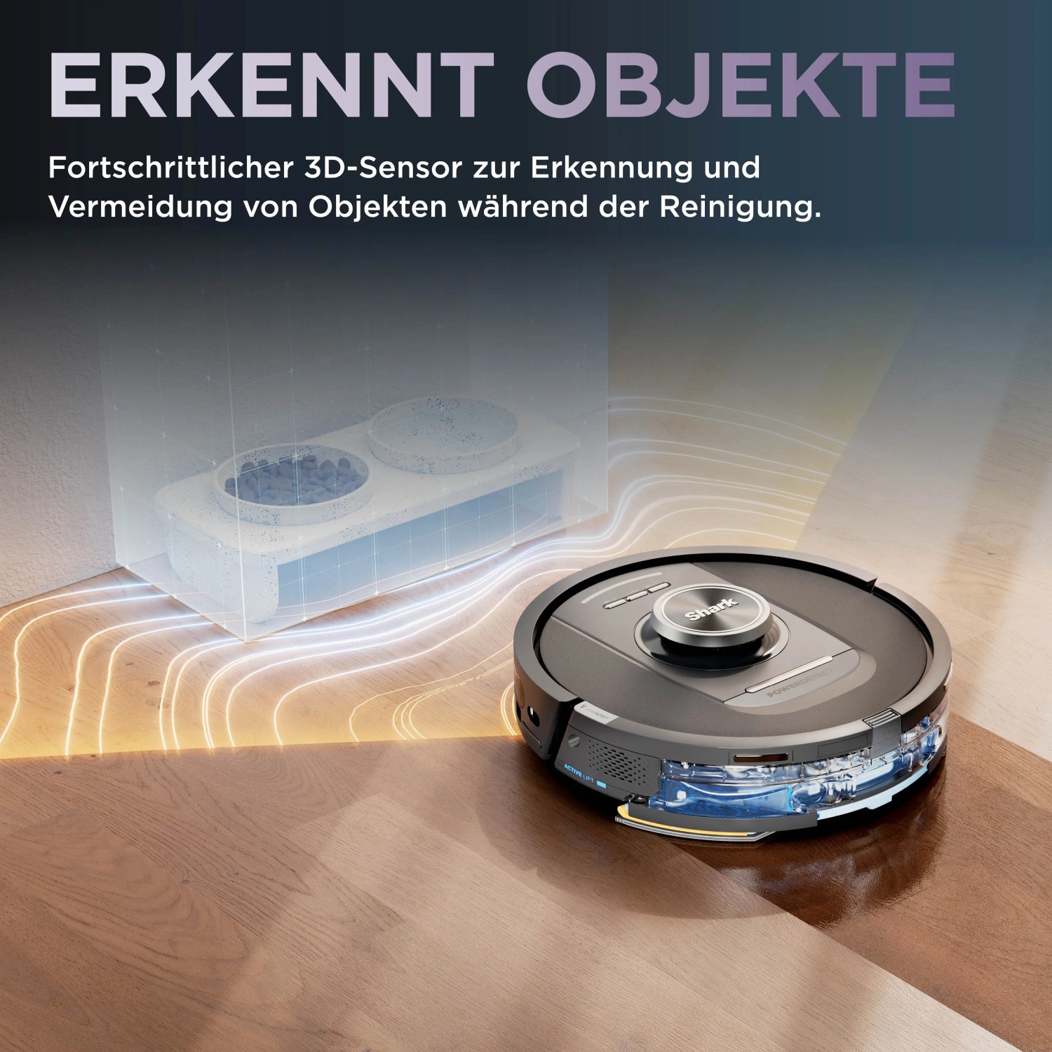 Shark Saugroboter RV2800YEEU mit Objekterkennung auf Holzboden. Intelligente Navigation.