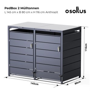 osoltus PedBox Mülltonnenbox für 2 Mülltonnen, Anthrazit, mit Pedal, aus verzinktem Metall, 145x116 cm.
