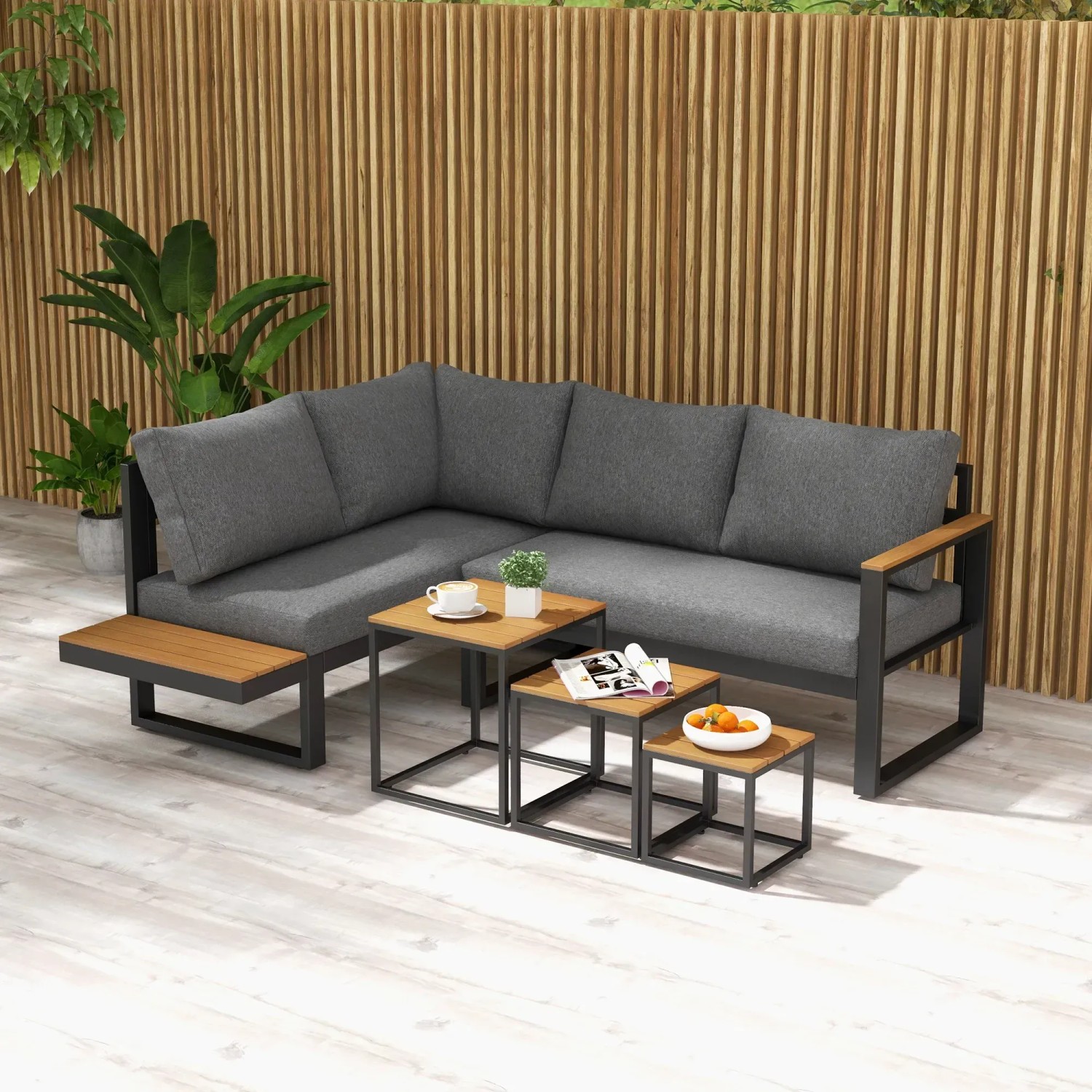 Outsunny Garten Sofa Set, dunkelgraues Lounge Set mit drei Couchtischen und Aluminiumgestell.