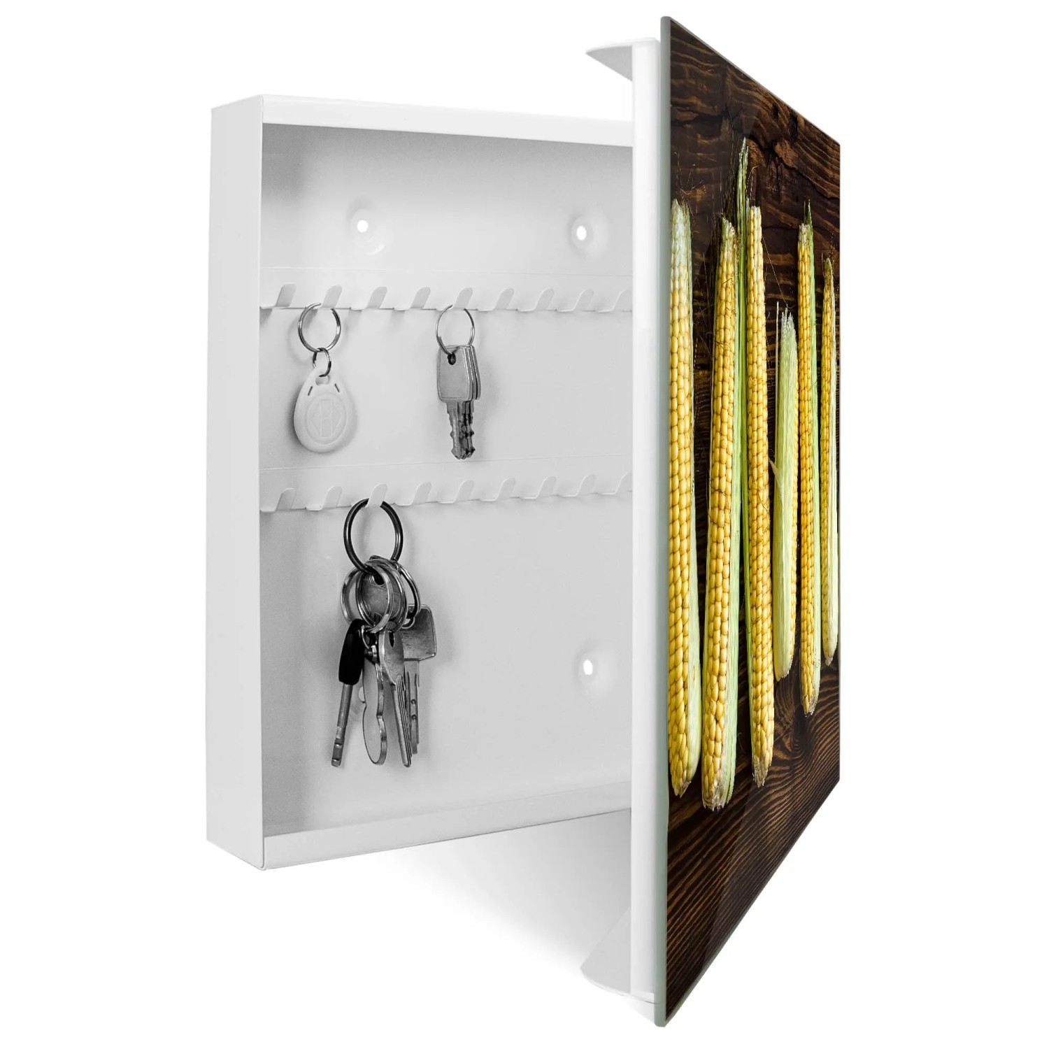 Weißer Schlüsselkasten mit Maiskolben-Motiv, 50 Haken, magnetisch & beschreibbar.